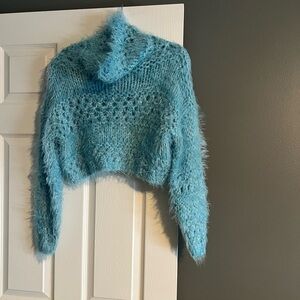 Free People Blue Cowl Neck Crop Sweater